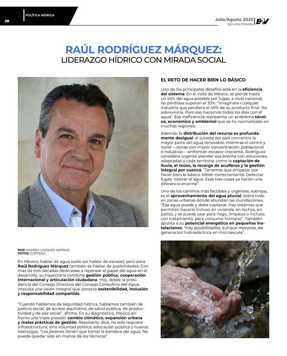 b2v_mx's tweet photo. Raúl Rodríguez, #liderazgohídrico en defensa de una gestión del #agua que incorpore #justiciasocial #reducir pérdidas, #medir, detectar #fugas, promover #reúso y captación pluvial.
📷Descubre el artículo
https://t.co/mku7xGR4R7 https://t.co/MU6PHTaXcq