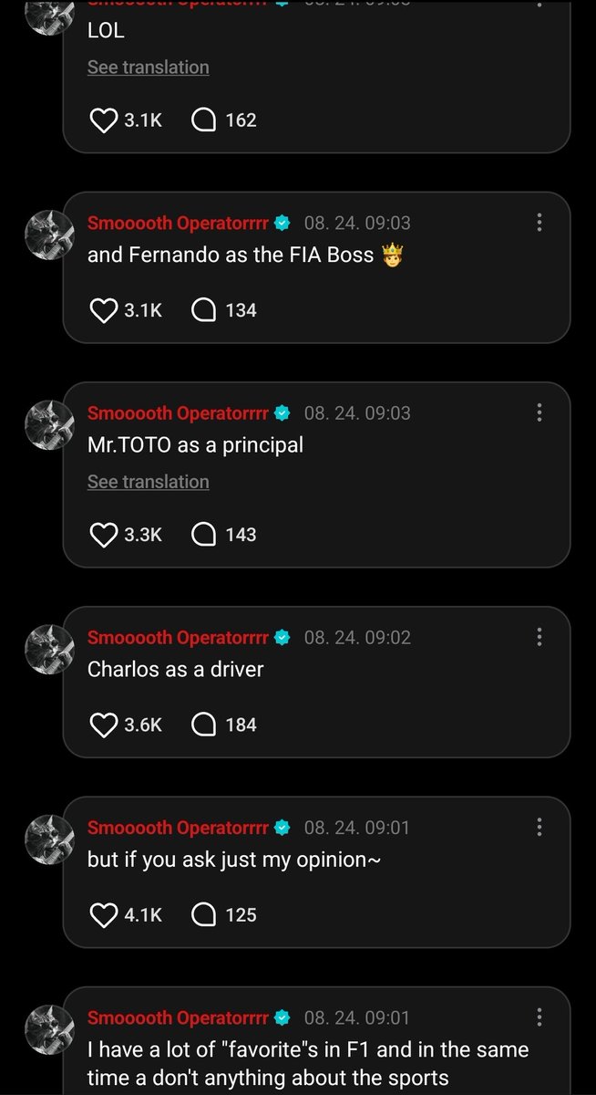 parkjongseongbr's tweet photo. [ 🌟 ] • 23.08.25 — #JAY via Weverse 🤍 

💬: #to_jay 
Jay (smooth operator): se você pudesse montar sua própria equipe de F1 dos sonhos, quais pilotos você escolheria? 🏎️

Estou curioso 👀❤️

🐈‍⬛: Tenho muitos "favoritos" na F1 e ao mesmo tempo não sei nada sobre esportes (+) https://t.co/a3lRZTVX0T