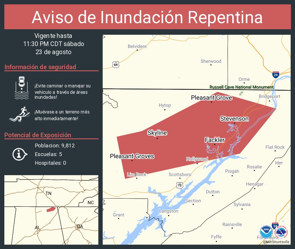 Aviso de Inundación Repentina incluye Stevenson AL, Skyline AL, Pleasant Groves AL hasta las 11:30 PM CDT
