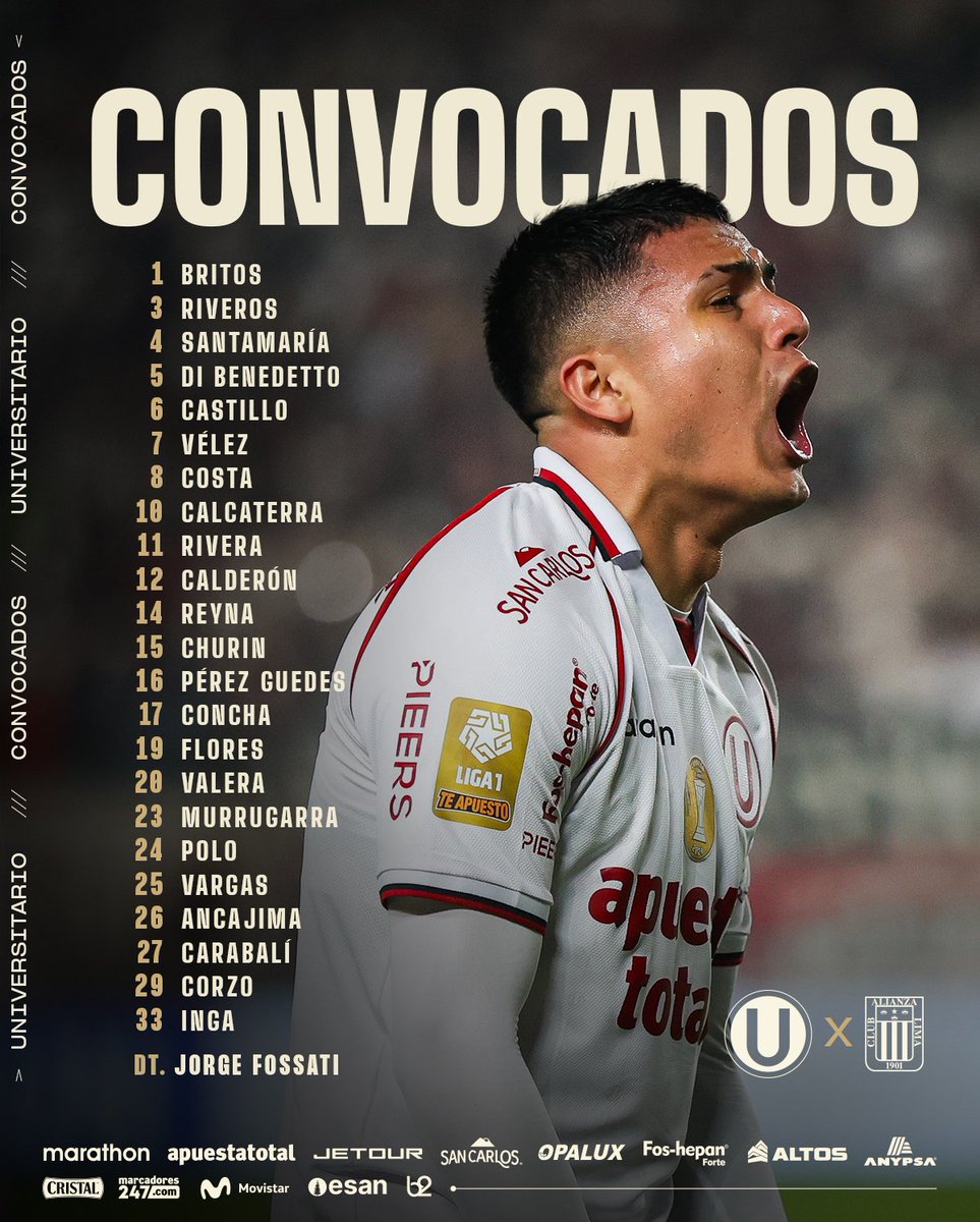 𝗟𝗜𝗦𝗧𝗔 𝗢𝗙𝗜𝗖𝗜𝗔𝗟 📋

Estos son nuestros convocados para enfrentar a <a href="/ClubALoficial/">Club Alianza Lima</a> por la fecha 7 del Clausura 2025.

#LaGarraDelÚnicoGrande