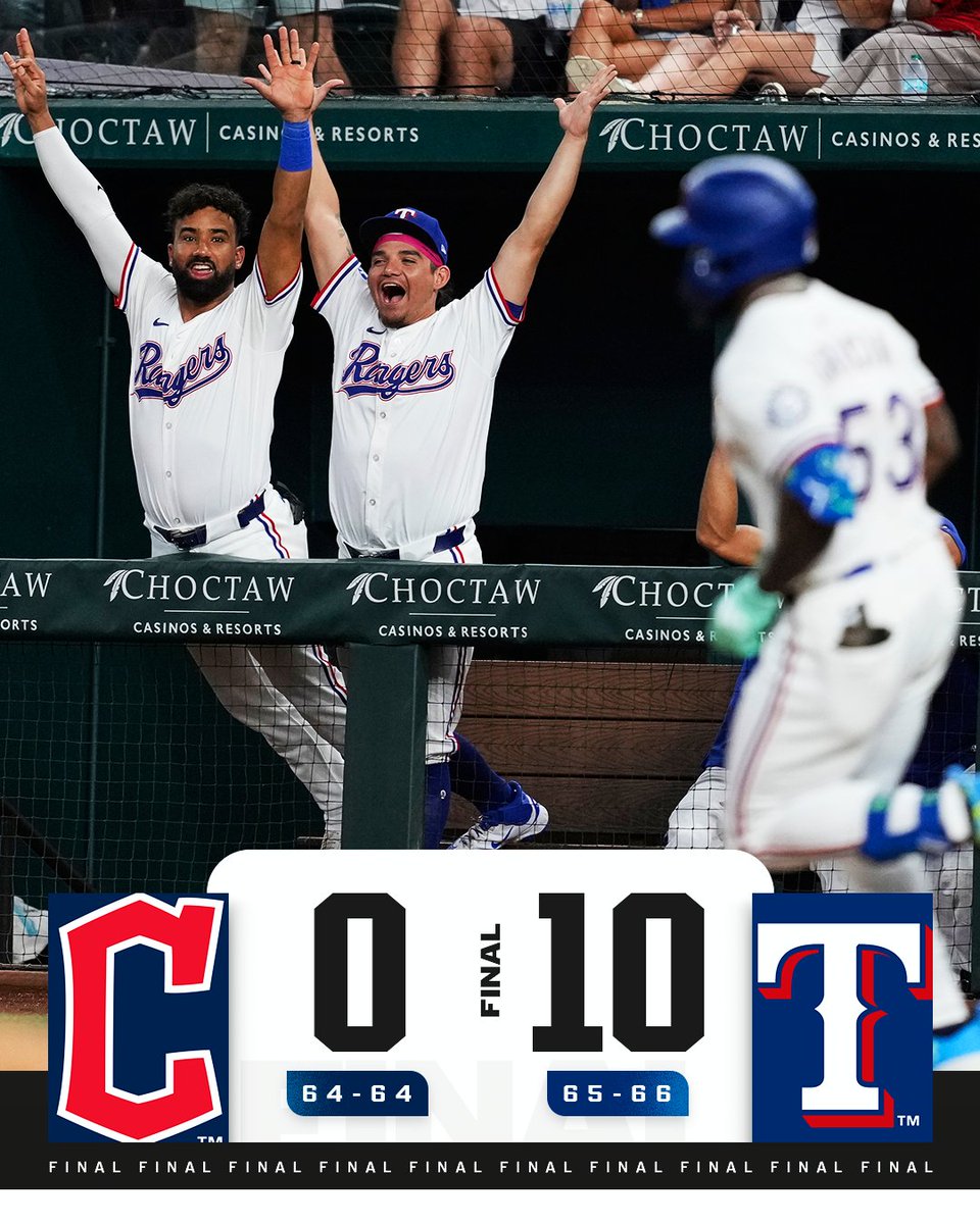 MLB (@mlb) on Twitter photo The <a href="/Rangers/">Texas Rangers</a> offense explodes for 10 runs on 10 hits as they shut out the Guardians. The <a href="/Rangers/">Texas Rangers</a> offense explodes for 10 runs on 10 hits as they shut out the Guardians.