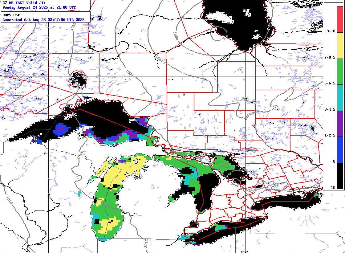 Callout to all waterspout hunters around Lake Michigan. We expect numerous waterspouts over the lake on Sunday. Send us your reports! Below is the waterspout potential forecast map for 5 pm EDT. icwr.ca #miwx #wiwx <a href="/NWSIWX/">NWS Northern Indiana</a> <a href="/NWSGrandRapids/">NWS Grand Rapids</a> <a href="/NWSGaylord/">NWS Gaylord</a>