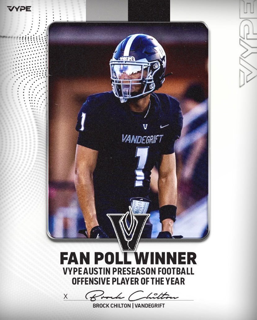 VYPE Austin (@vypeatx) on Twitter photo Congratulations to the winner of our recent VYPE Austin 2025 Preseason🏈 Offensive Player of the Year🏆 fan poll -- Brock Chilton (Vandegrift) -- who was voted on earlier this month!
<a href="/brock_chilton1/">Brock Chilton</a> <a href="/VHSFootball/">Vandegrift Football</a>
📸 by blackdiamondphotos1 (Instagram) Congratulations to the winner of our recent VYPE Austin 2025 Preseason🏈 Offensive Player of the Year🏆 fan poll -- Brock Chilton (Vandegrift) -- who was voted on earlier this month!
<a href="/brock_chilton1/">Brock Chilton</a> <a href="/VHSFootball/">Vandegrift Football</a>
📸 by blackdiamondphotos1 (Instagram)