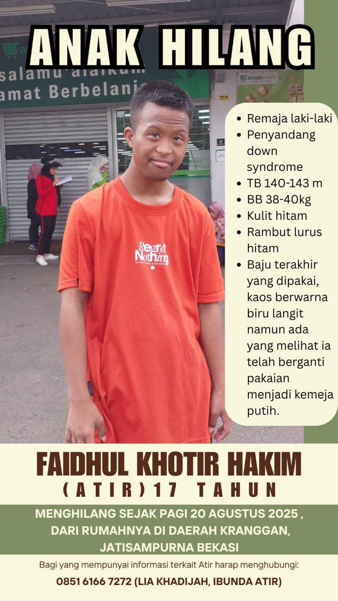 🦎taqi-taqi (@curiousabtshit) on Twitter photo Twitter please do your magic ✨
Sudah 4 hari belum pulang, terakhir pergi dari rumah di daerah Kranggan. Kalau ada yang liat boleh berkabar ke aku atau ke kontak yang tertera yaa, terima kasih teman teman
Izin tag yaaa min beks <a href="/txtdrbekasi/">TxtdariBekasy 🇵🇸</a> Twitter please do your magic ✨
Sudah 4 hari belum pulang, terakhir pergi dari rumah di daerah Kranggan. Kalau ada yang liat boleh berkabar ke aku atau ke kontak yang tertera yaa, terima kasih teman teman
Izin tag yaaa min beks <a href="/txtdrbekasi/">TxtdariBekasy 🇵🇸</a>