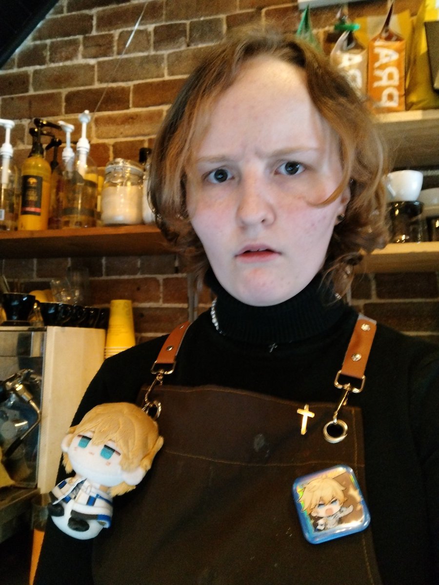 Geo | #Champard (@bananafishfreak) on Twitter photo Customer: "Is that a Labubu on your apron?" 
My genuine reaction: Customer: "Is that a Labubu on your apron?" 
My genuine reaction: