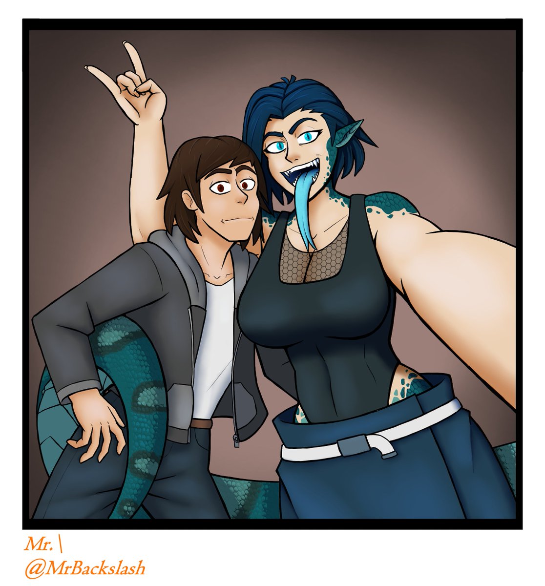 I haven't really drawn my OCs interacting, so I wanted to change that. Alissa decided to pull her favorite human in for a surprise selfie. 🐍