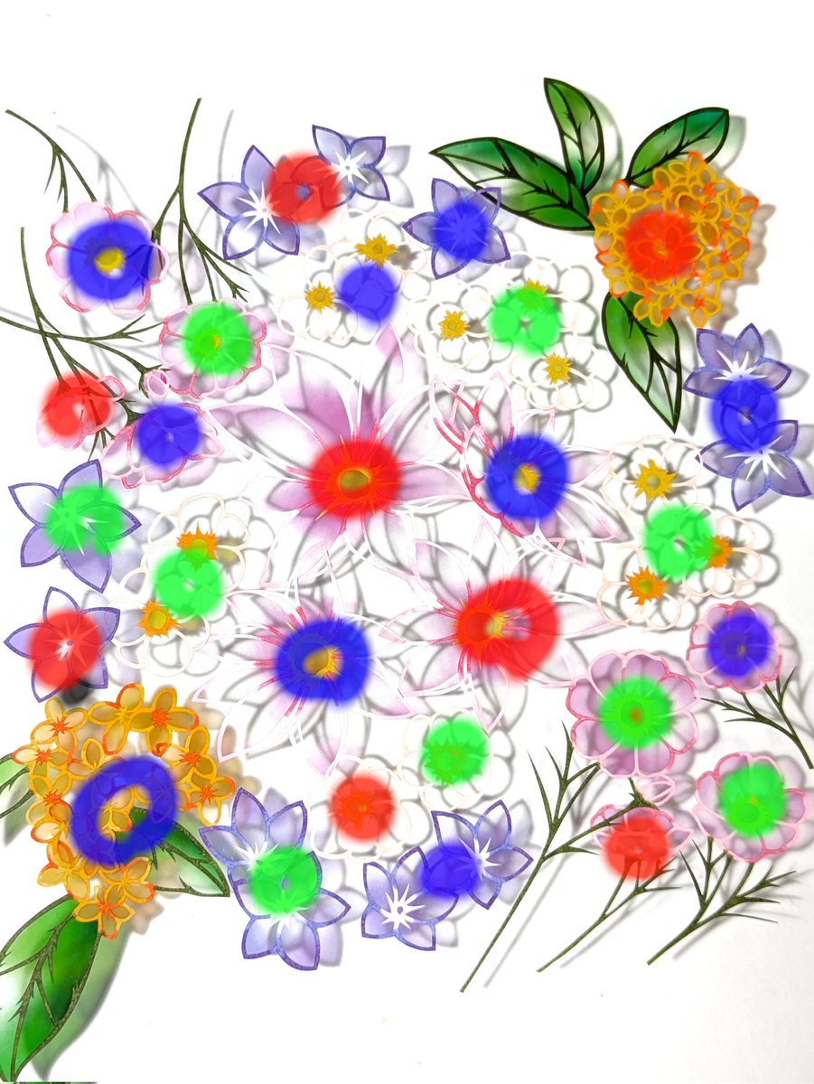 今回この作品は3層のアクリルで空間を付けていきます
こうやって図面に色を付けて何番目の層にどの花を配置するか決めて額装をしています

#切り絵