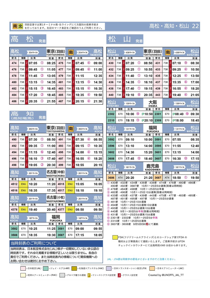 JAL国内線時刻表 2025.9.1〜10.25 ・出雲空港 ・広島空港 ・山口宇部