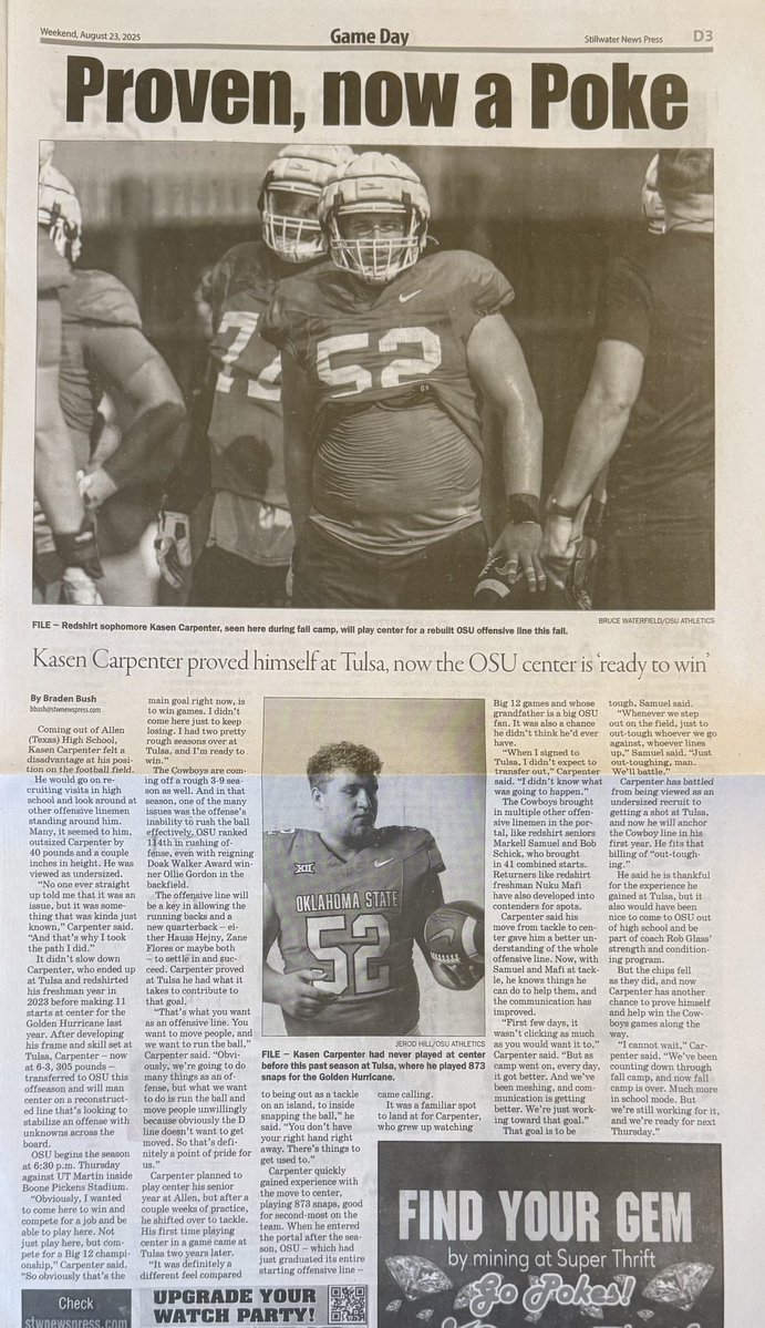 Courtney Carpenter (@courtney_carp51) on Twitter photo Teammate’s mom sent us this gem! Thank you <a href="/BradenBush21/">Braden Bush</a> for the awesome story! We are big fans! #OBlock #GoPokes Teammate’s mom sent us this gem! Thank you <a href="/BradenBush21/">Braden Bush</a> for the awesome story! We are big fans! #OBlock #GoPokes