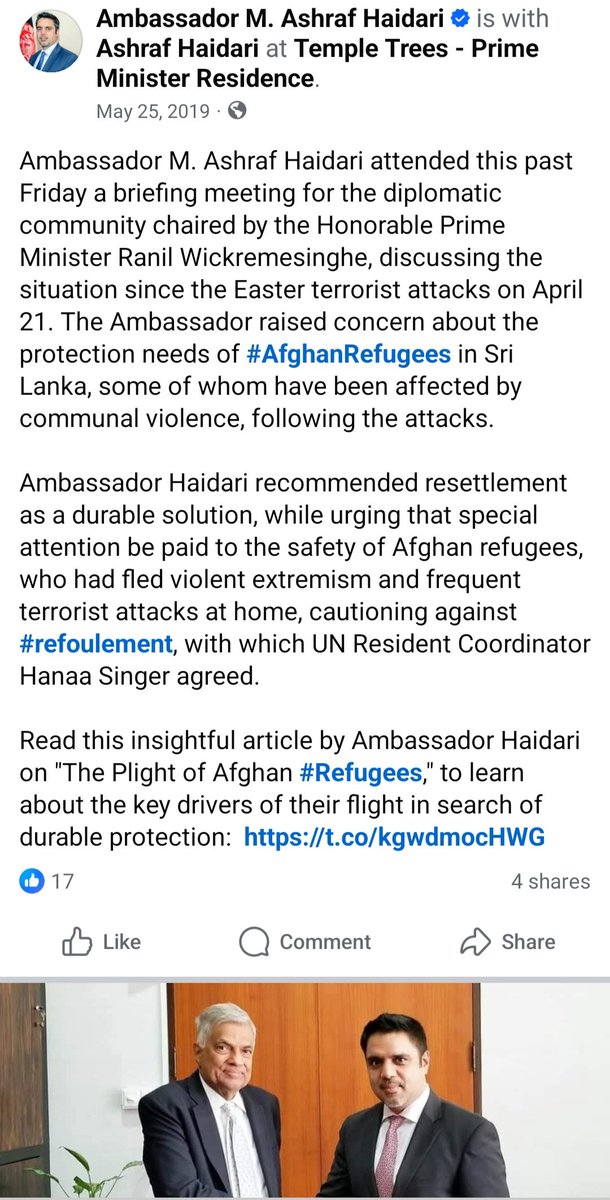 Without the humanitarian leadership and support of then–Prime Minister Ranil Wickremesinghe, nearly 1,500 Afghan refugees would never have found safe resettlement in developed countries. On May 24, 2019, he strongly reinforced my call to Colombo-based diplomatic missions to help