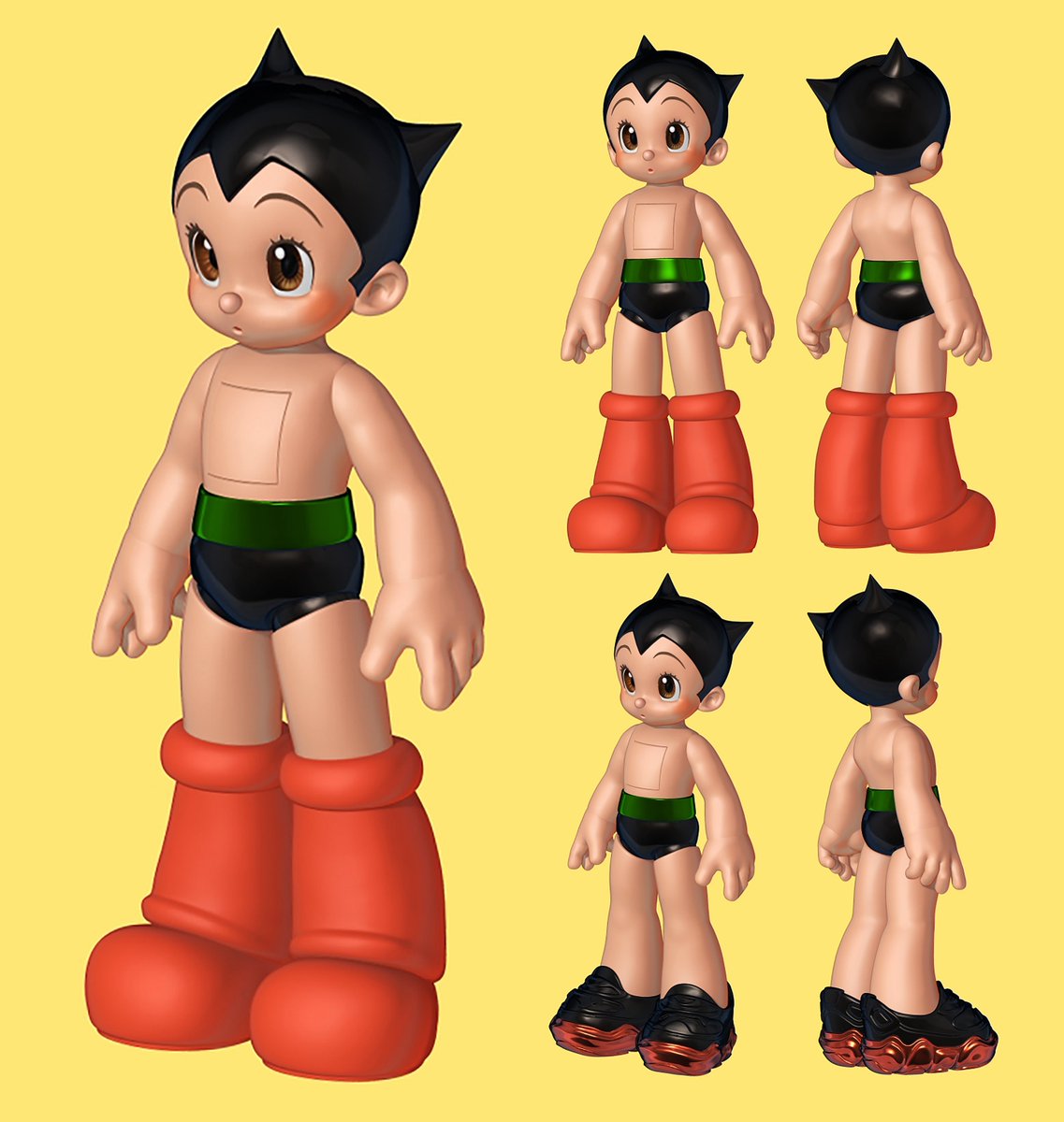 ドールのアトム君、関節の仕組みとか以前に、全体のバランスやフォルムが定まらず迷走中です。

今までアトム君作るときは、先に作りたいポーズが決まってたので、素立ちで自分好みのバランスというのはあまり考えたことがありませんでした。

（靴履いてるアトム君は試しに作ってみたおふざけです）