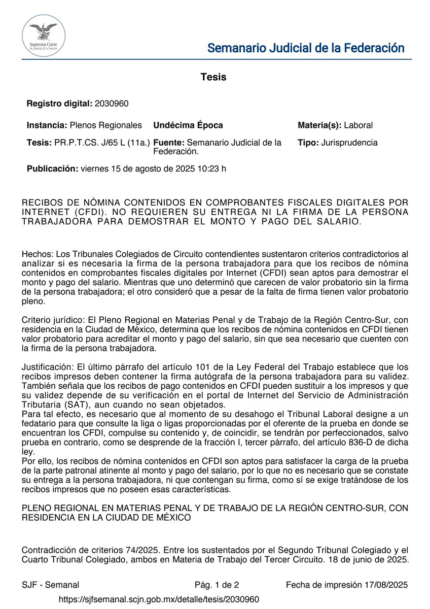 SolestraMx's tweet image. Los recibos de nómina en CFDI son prueba suficiente para acreditar el monto y pago del salario, sin necesidad de firma de la persona trabajadora. Basta su verificación en el portal del SAT. #DerechoLaboral #CFDI #NóminaElectrónica