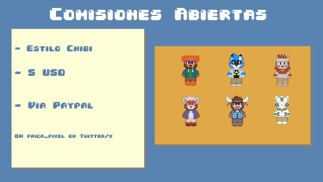 frica_pixel's tweet photo. Hola.
He decido abrir comisiones para intentar solventar un poco los gastos de este mes, en estilo sprite/chibi.
Todos los detalles y condiciones por DM. https://t.co/QacubQKS4n