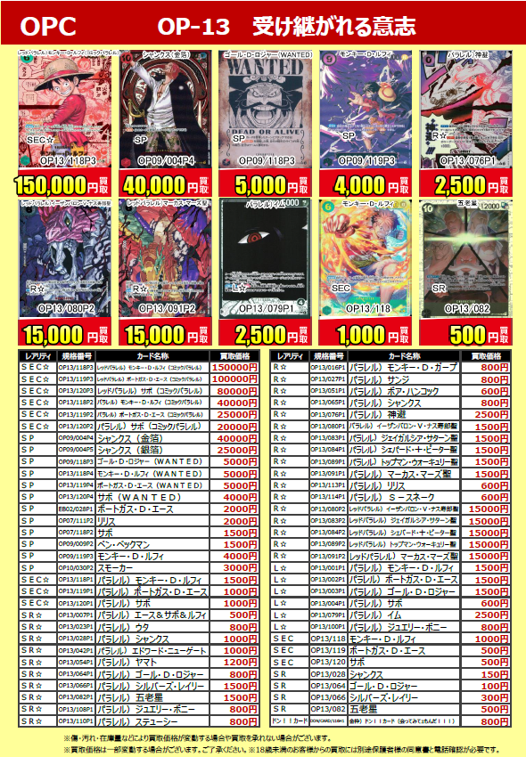 ワンピースカード 最新弾 【 #受け継がれる意志 】 買取価格更新致し