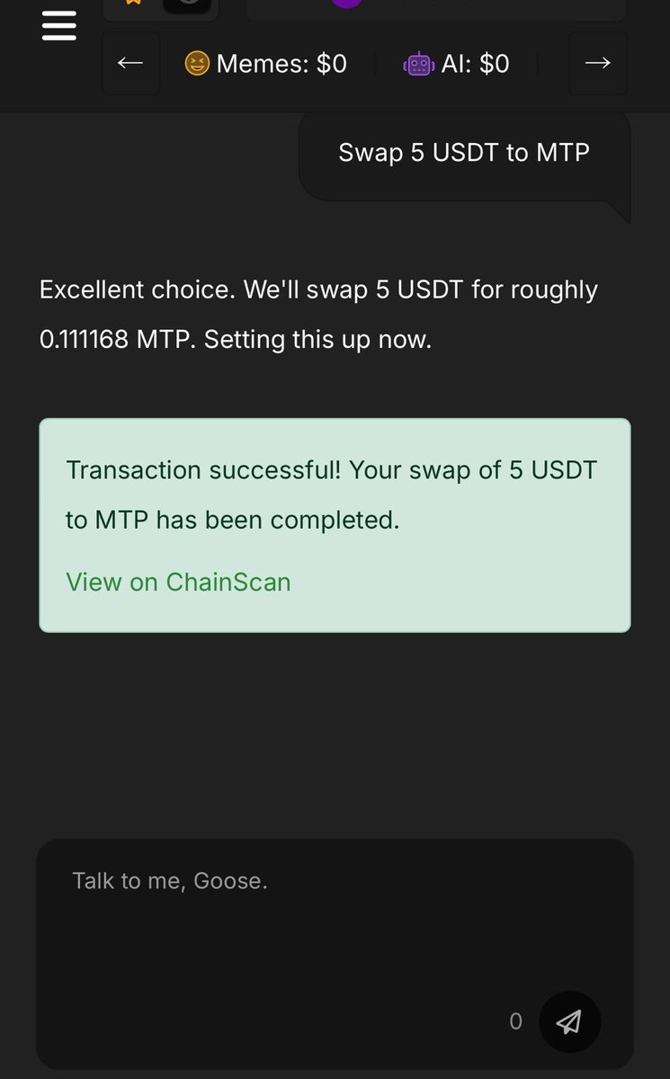 AIRDROP HUNTS (@adrp_hunts) on Twitter photo After undergoing a week of maintenance, <a href="/zia_finance/">Zia (TradeGPT)</a> is finally back and running on <a href="/0G_labs/">0G Labs (Ø,G) - AI L1</a> testnet.
I just used asked the AI to swap some USDT to MTP and it did it smoothly, seems like 0G chain is even faster now.
Have you tried it yet? After undergoing a week of maintenance, <a href="/zia_finance/">Zia (TradeGPT)</a> is finally back and running on <a href="/0G_labs/">0G Labs (Ø,G) - AI L1</a> testnet.
I just used asked the AI to swap some USDT to MTP and it did it smoothly, seems like 0G chain is even faster now.
Have you tried it yet?