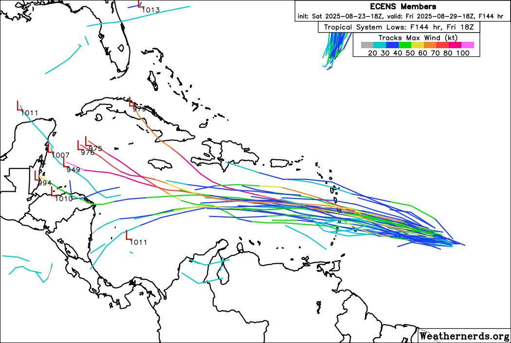 hurricane_chase's tweet photo. Whatever #99L does in the short-term will greatly affect what it is able to do in the longer-range. Notice how the 18z EPS members either have it as a #hurricane or doesn't have it at all, this is to the make-or-break moment it will go through in the East Carib! 

#wx #hurricane https://t.co/q4QW8A1pMj