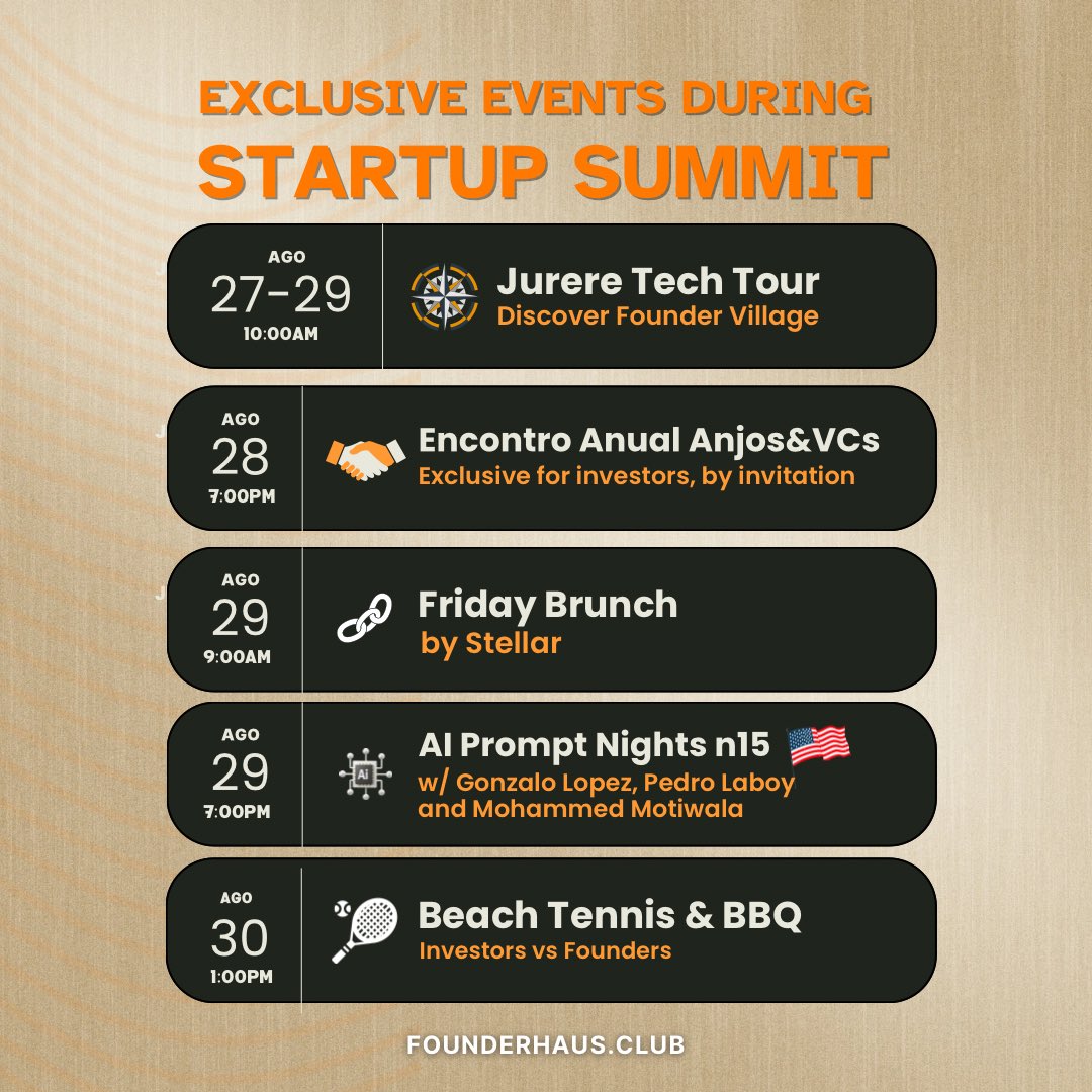 This week, Florianópolis becomes the stage for the largest startup event in Brazil: the Startup Summit.

Alongside it, Founder Haus will host a series of exclusive gatherings, including Investor Week, bringing together founders, investors, and global leaders.

Here’s what’s