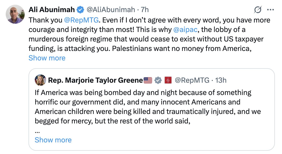 Mehdi Hasan (@mehdirhasan) on Twitter photo I'm sorry but the new love for <a href="/mtgreenee/">Marjorie Taylor Greene 🇺🇸</a> from some pro-Palestine folks, combined with hate for <a href="/AOC/">Alexandria Ocasio-Cortez</a>, is insane. Abunimah has spent the past 22 months attacking AOC, calling her a fraud, but now says "thank you" to MTG. Let's just compare their Israel/Gaza records, shall we?
AOC I'm sorry but the new love for <a href="/mtgreenee/">Marjorie Taylor Greene 🇺🇸</a> from some pro-Palestine folks, combined with hate for <a href="/AOC/">Alexandria Ocasio-Cortez</a>, is insane. Abunimah has spent the past 22 months attacking AOC, calling her a fraud, but now says "thank you" to MTG. Let's just compare their Israel/Gaza records, shall we?
AOC