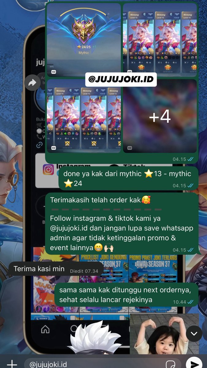 jujujoki_id's tweet photo. testi joki &amp; jokgen: 

• Done dari glory ⭐️80 - ⭐️92✅
• Done dari mythic ⭐️13 - ⭐️24✅
• Done jokgen honor ⭐️49 - glory ⭐️55✅
• Done jokgen 9⭐️ honor✅

info order joki/jokgen hari minggu ceria langsung ke https://t.co/RUdI2j1v8N

#testijujujoki #zonauang #jokimlbb #jokgen https://t.co/usYGs6zh9k