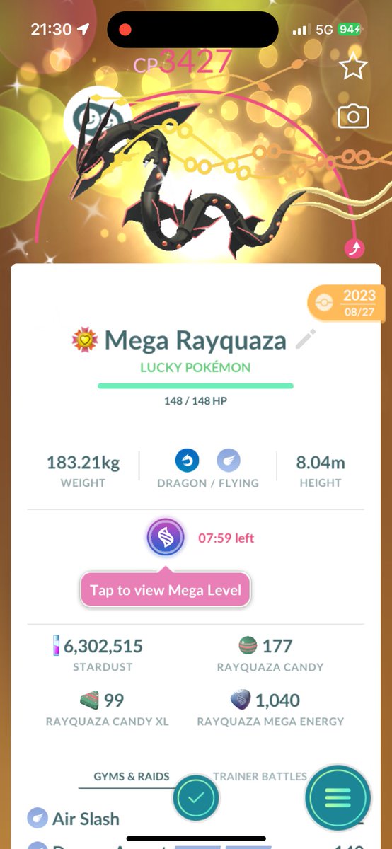 _DarthGamer_1's tweet photo. Also I had almost forgotten that I just finished this hyper training today! So excited to finally have a hundo Rayquaza and lucky at that and luckily I waited to use my only meteorite.

#PokemonGO #PokemonGoApp #Shinypokemon https://t.co/k6NSBL9Nr3