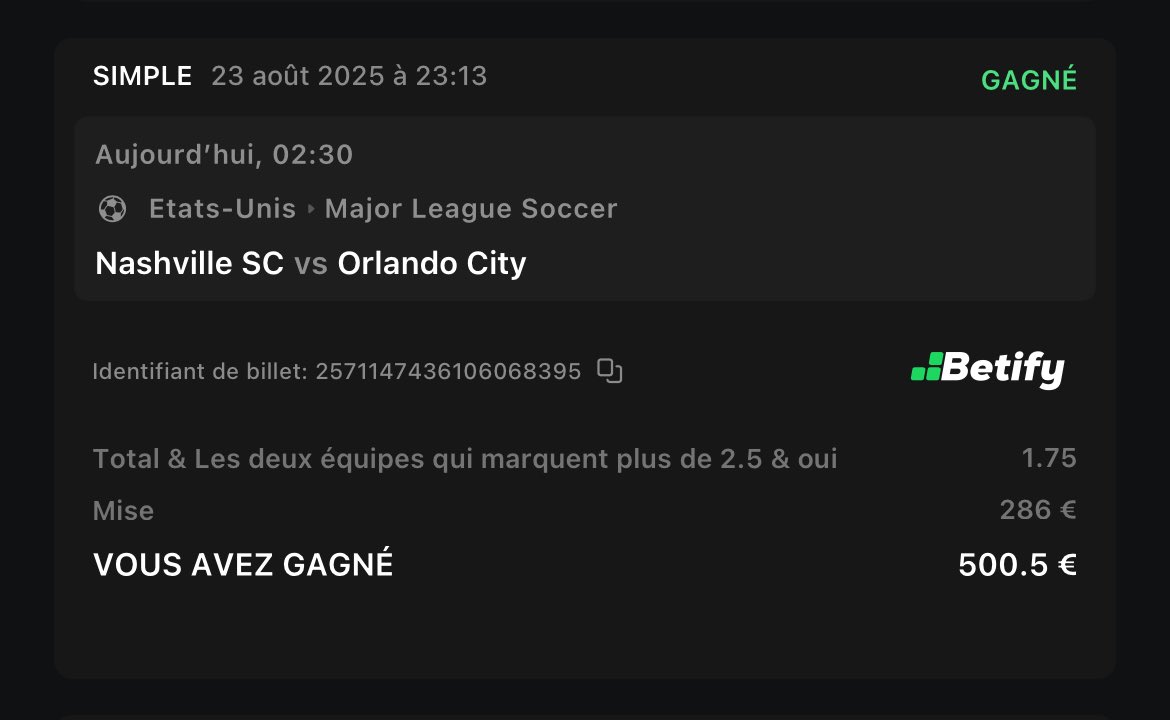 JokerTps (@jokertps) on Twitter photo #MLS. ๐บ๐ธ
<a href="/NashvilleSC/">Nashville SC</a> - <a href="/OrlandoCitySC/">Orlando City SC</a>
BTTS 2,5 <a href="/1/">1</a>,75 โ
Cโรฉtait annoncรฉ hier soir, seul bet public.
๐ค si tโas suivit ! #MLS. ๐บ๐ธ
<a href="/NashvilleSC/">Nashville SC</a> - <a href="/OrlandoCitySC/">Orlando City SC</a>
BTTS 2,5 <a href="/1/">1</a>,75 โ
Cโรฉtait annoncรฉ hier soir, seul bet public.
๐ค si tโas suivit !