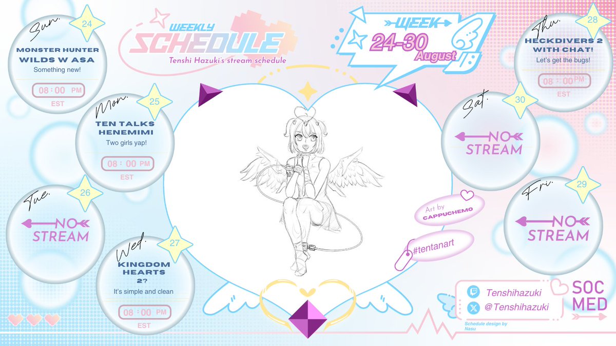Schedule for the week! 
SUN: Monster Hunter Wilds with <a href="/AsaChibiVT/">Asa🌊Chibi🐈 【IRIAM FS ❙ OPOKAI】</a> at 8 PM, EST!
MON: Ten Talks with <a href="/henemimi/">henemimi🎀☁️</a> at 8 PM, EST!
TUE: No stream, I'm taking a day trip with my family!
WED: Kingdom Hearts 2, 8 PM EST! 
THUR: Heckdivers 2 with chat, 8 PM EST!
