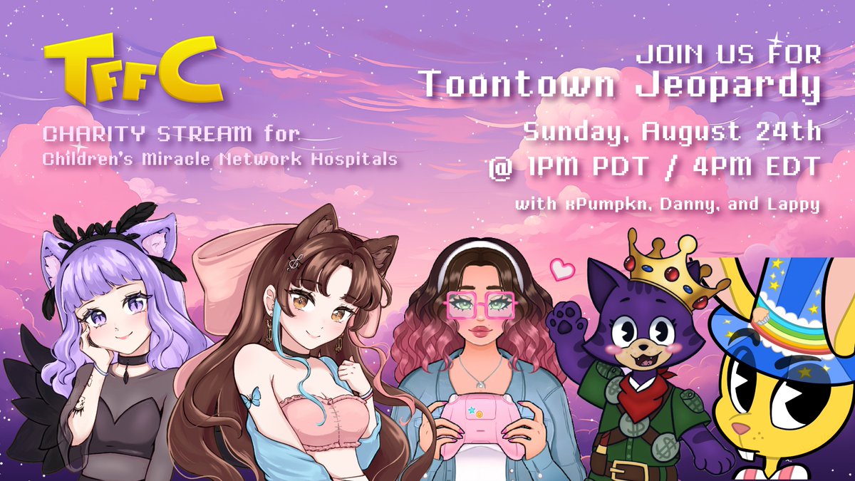 I will be playing #Toontown Jeopardy!
Sunday, August 24th - 1PM PDT / 4PM EDT

Charity stream for Children's Miracle Network Hospitals

twitch.tv/toonffc
twitch.tv/leahinmoonlight