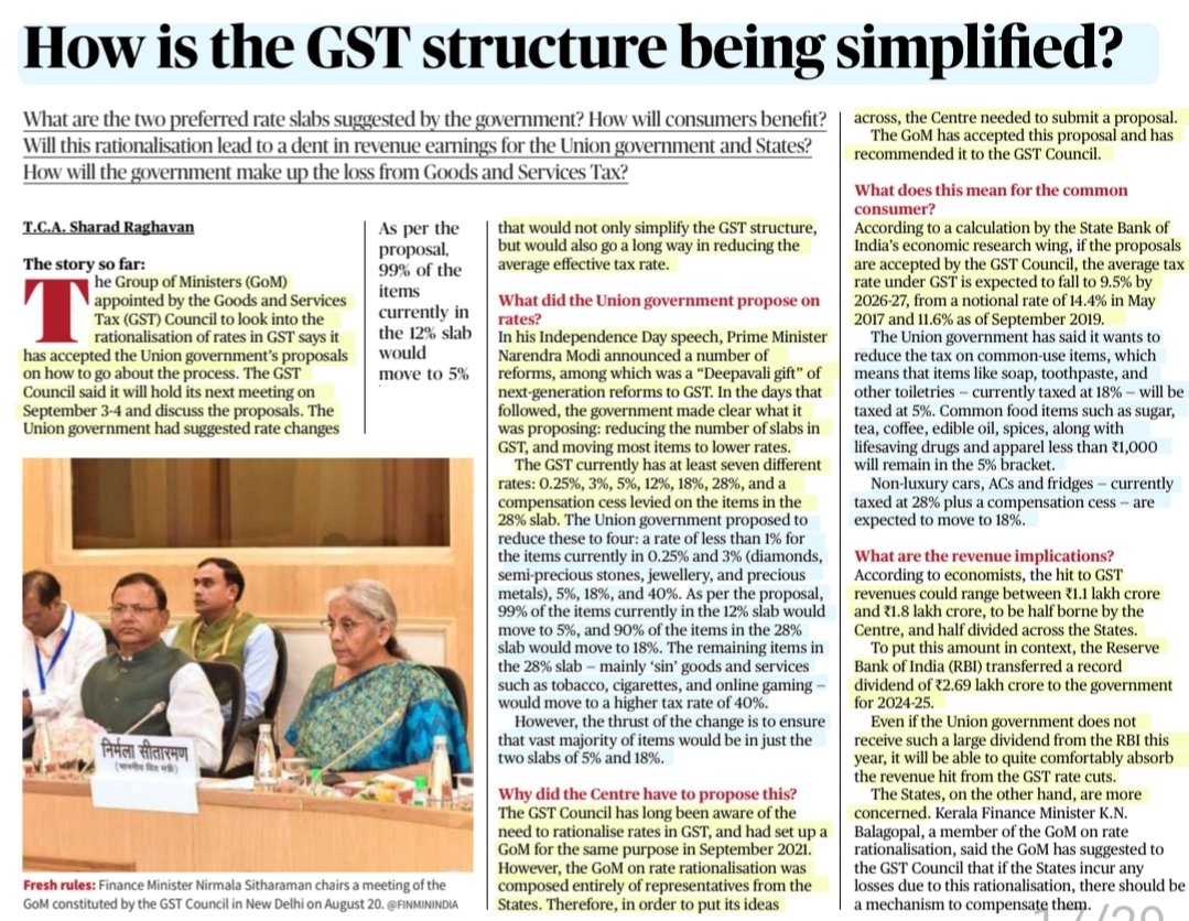 imRavikantYadav's tweet image. How is the GST structure being simplified?

:Details by Sh  T C A Sharad Raghavan
@SharadRaghavan 

#GST #Simplification
#gstreforms #GSTCouncilMeeting 
#Goods #service #Tax #RateSlabs #Rationalisation
#Economy 

#UPSC 

Source: TH