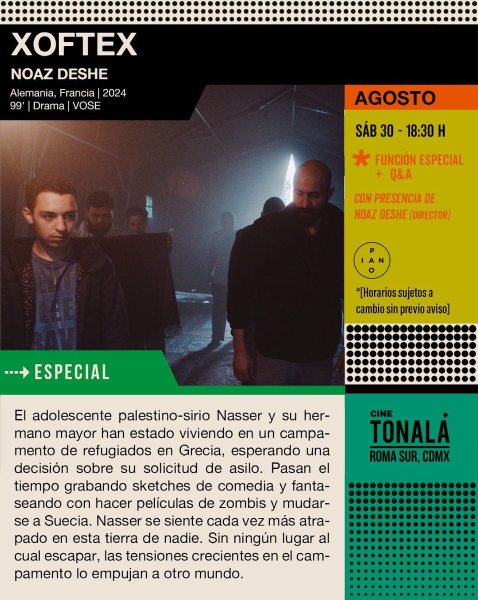 🌌 Proyección especial + Q&amp;A
🎬 XOFTEX · Dir. Noaz Deshe
 
Nasser, un adolescente palestino-sirio atrapado en un campamento de refugiados en Grecia, busca un futuro que parece inalcanzable.
 
🎟️ Boletos → cinetonala.mx/movies/xoftex/ 
 
#XOFTEX #CineTonalá #ProyecciónEspecial
