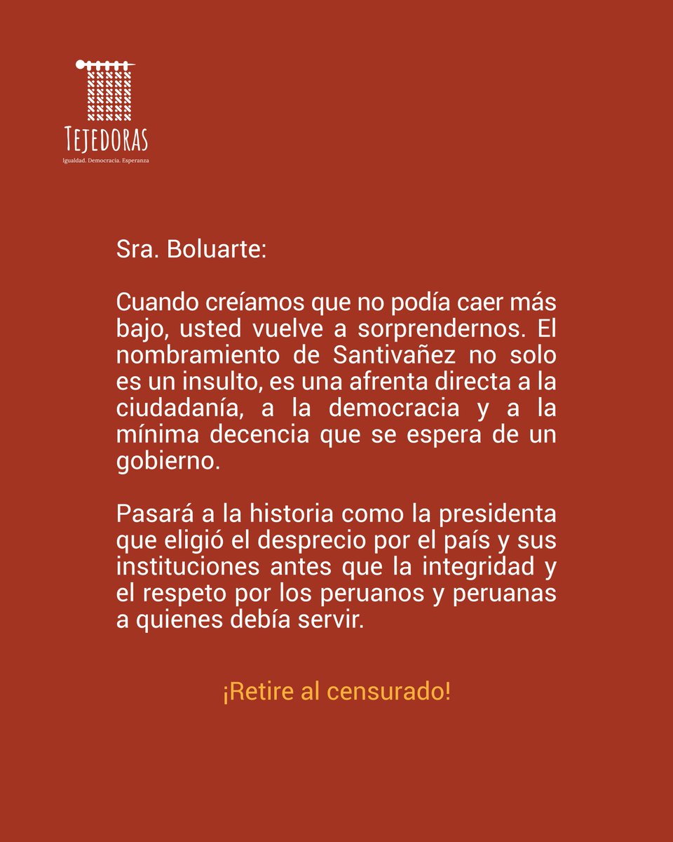 Sra. Boluarte: su desprecio hunde al país, no lo gobierna.

#BastaDeDesprecio