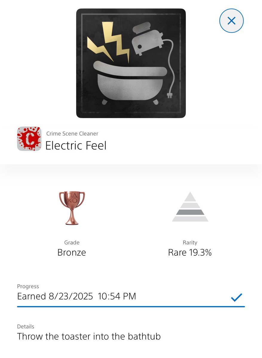 Irish_Rumjob's tweet photo. @mrravagen @Pres_Studio Electric Feel trophy seems to be fixed. I tried it a few minutes ago in the bathroom and it popped. https://t.co/YMqz9Czivq