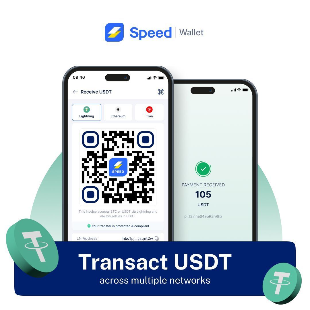 One wallet. Three networks. Zero compromises.

Transact USDT across Lightning, Ethereum and TRON almost instantly and at lowest fees.

No more juggling multiple wallets. Switch to your preferred network in a single tap.

Download Speed Wallet now for seamless USDT transfers