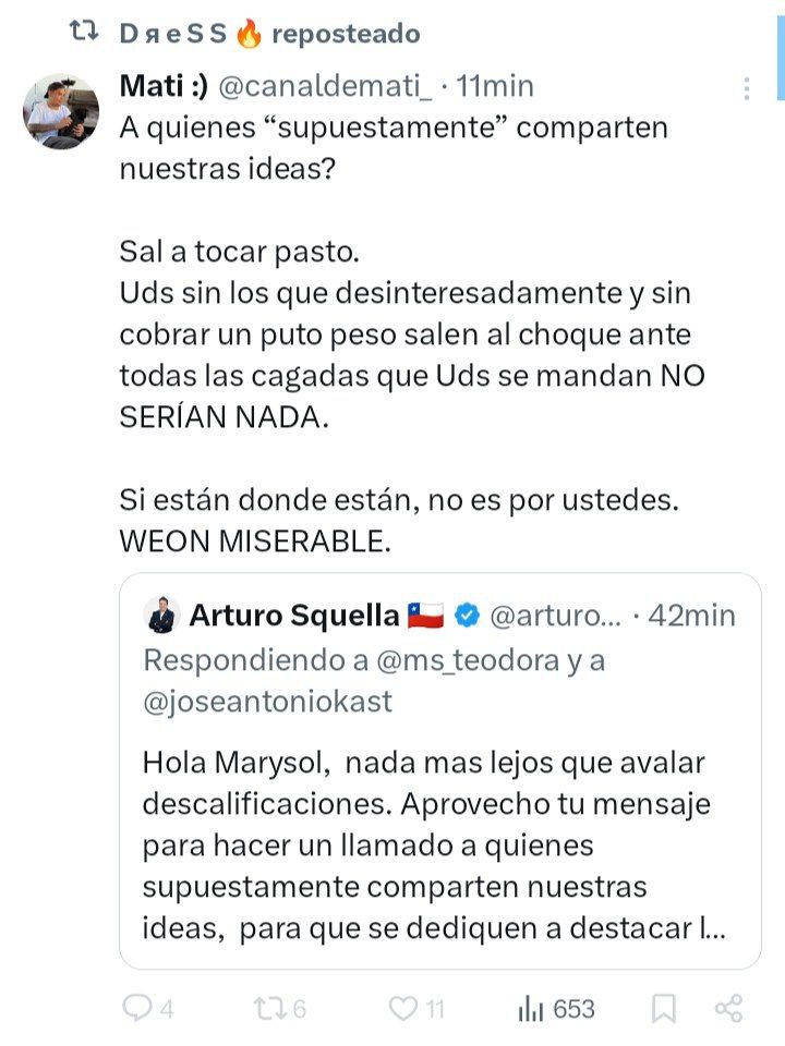 Kast le soltó la mano a los bots y salieron a amenazar al Presidente del Partido Republicano, Arturo Squella <a href="/arturo_squella/">Arturo Squella 🇨🇱</a>, acto seguido el cagón de Matías Lorca @canaldemati_ borró el tweet.

La derrota es total.