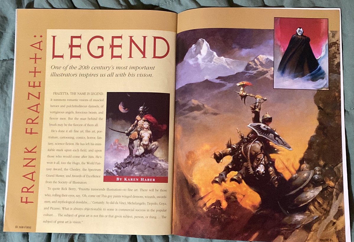 frankormond's tweet photo. I picked up these fantasy magazines from a used book store and one of them had a tribute to Frank Frazetta. Looks like the August 2002 of Realms of Fantasy. Great stuff! https://t.co/9bJDErnloL