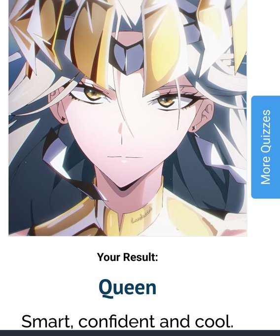 Nyearye's tweet photo. RIGGED

I thought I'd get Ghost Blade. Queen is cool I guess :/

Anyways here's the quiz in question: https://t.co/qCuz0zDLDD https://t.co/zTSISHCCni