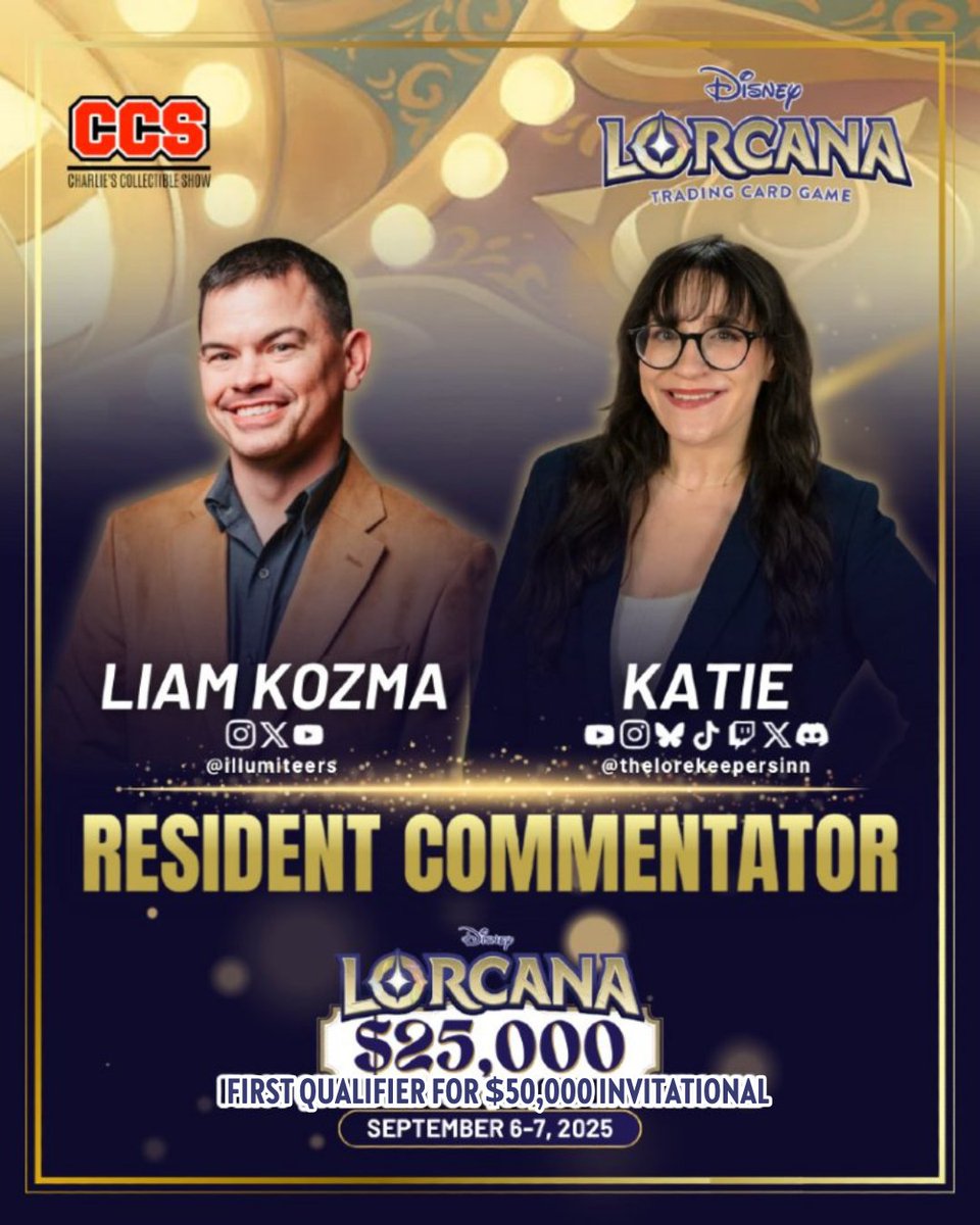 20LorePro's tweet photo. @CCS_Atlanta 25K Lorcana tournament is right around the corner and we couldn't be more excited. It'll be full of great gameplay and some amazing casting. Joining alongside Liam and Katie are @brentmukai, @JebasSbb, Loafy, Saucekay, and Toupaloop. https://t.co/pzCdHkzpeM