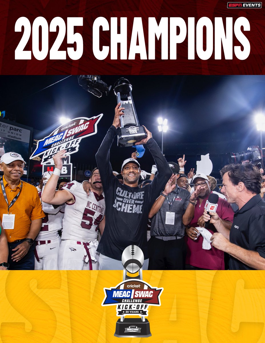 Cricket MEAC/SWAC Challenge (@meac_swac) on Twitter photo Adding another 🏆 to the case!
<a href="/NCCU_Football/">NC CENTRAL FB | 🦅🏆🦅</a> is 7-0 in Classics, Challenges, and Bowls under head coach Trei Oliver #CultureOverScheme #EaglePrideAmplified Adding another 🏆 to the case!
<a href="/NCCU_Football/">NC CENTRAL FB | 🦅🏆🦅</a> is 7-0 in Classics, Challenges, and Bowls under head coach Trei Oliver #CultureOverScheme #EaglePrideAmplified