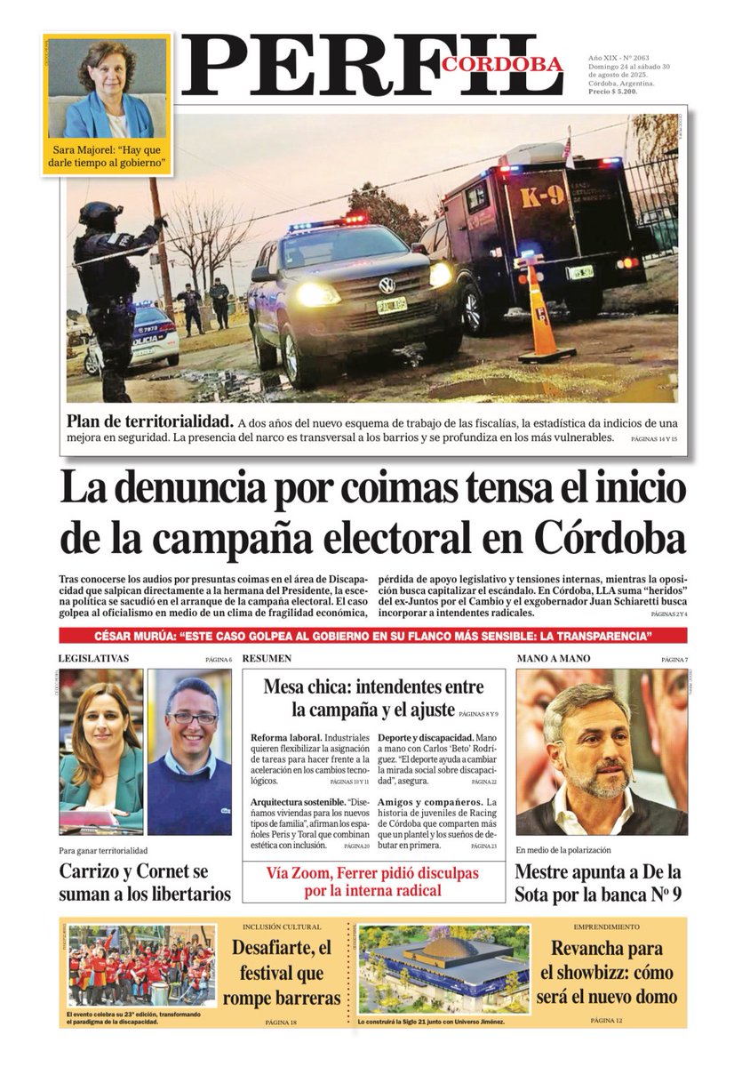 📰 La tapa del Diario PERFIL CÓRDOBA de este domingo 24 de agosto