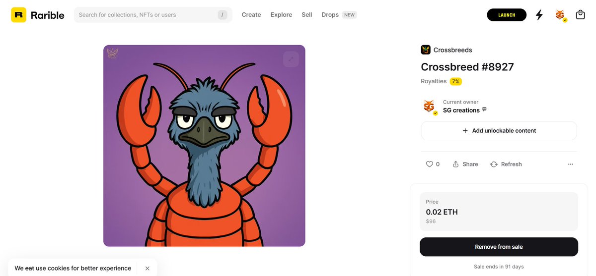 ✨ Introducing Crossbreed #8927 ✨

🧬 A fearless hybrid — part Crab, part Emu, and 100% unique.
This creature symbolizes resilience 🦀 and speed 🐦 fused into one bold avatar.
🎨 From the 10K Crossbreeds Chronicles, each NFT is:
✅ Hand-crafted in vibrant, high-res art
✅ A