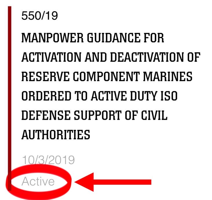 The Rubber Duck โข (@therubberduck79) on Twitter photo <a href="/DiligentDenizen/">Diligent Denizen ๐บ๐ธ</a> FYI: the National Guard has been continuously activated on US soil under Title 32 - across the country - since 4/2018. fact.
FYI: in 10/2019 - nearly 100,000 Reserve Component Marines were activated under Title 10 USC ยง12304a in support of civil authorities for federally <a href="/DiligentDenizen/">Diligent Denizen ๐บ๐ธ</a> FYI: the National Guard has been continuously activated on US soil under Title 32 - across the country - since 4/2018. fact.
FYI: in 10/2019 - nearly 100,000 Reserve Component Marines were activated under Title 10 USC ยง12304a in support of civil authorities for federally