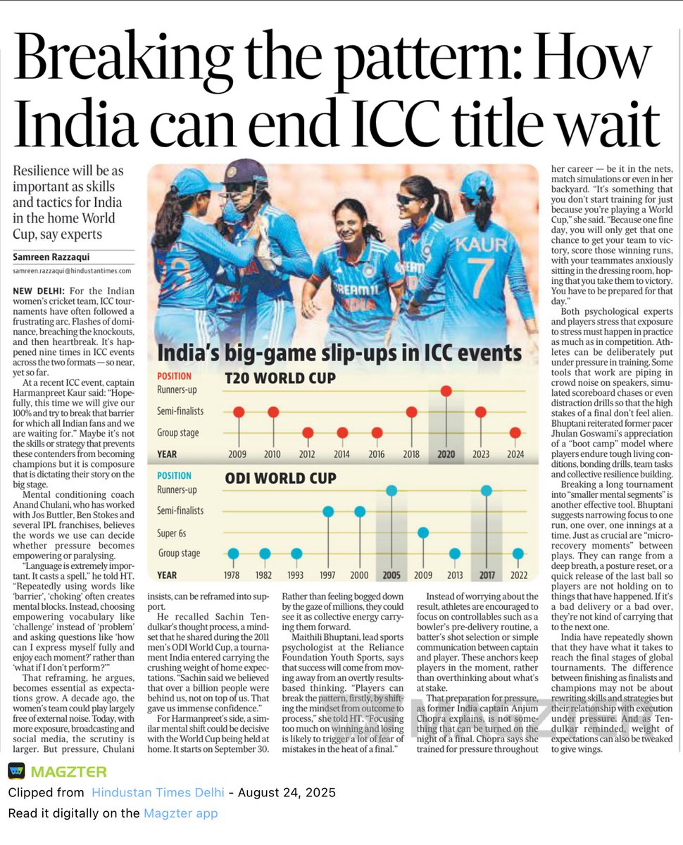 Can Harmanpreet and Co break the mental barrier that stands between them and the trophy? 

hindustantimes.com/cricket/breaki…