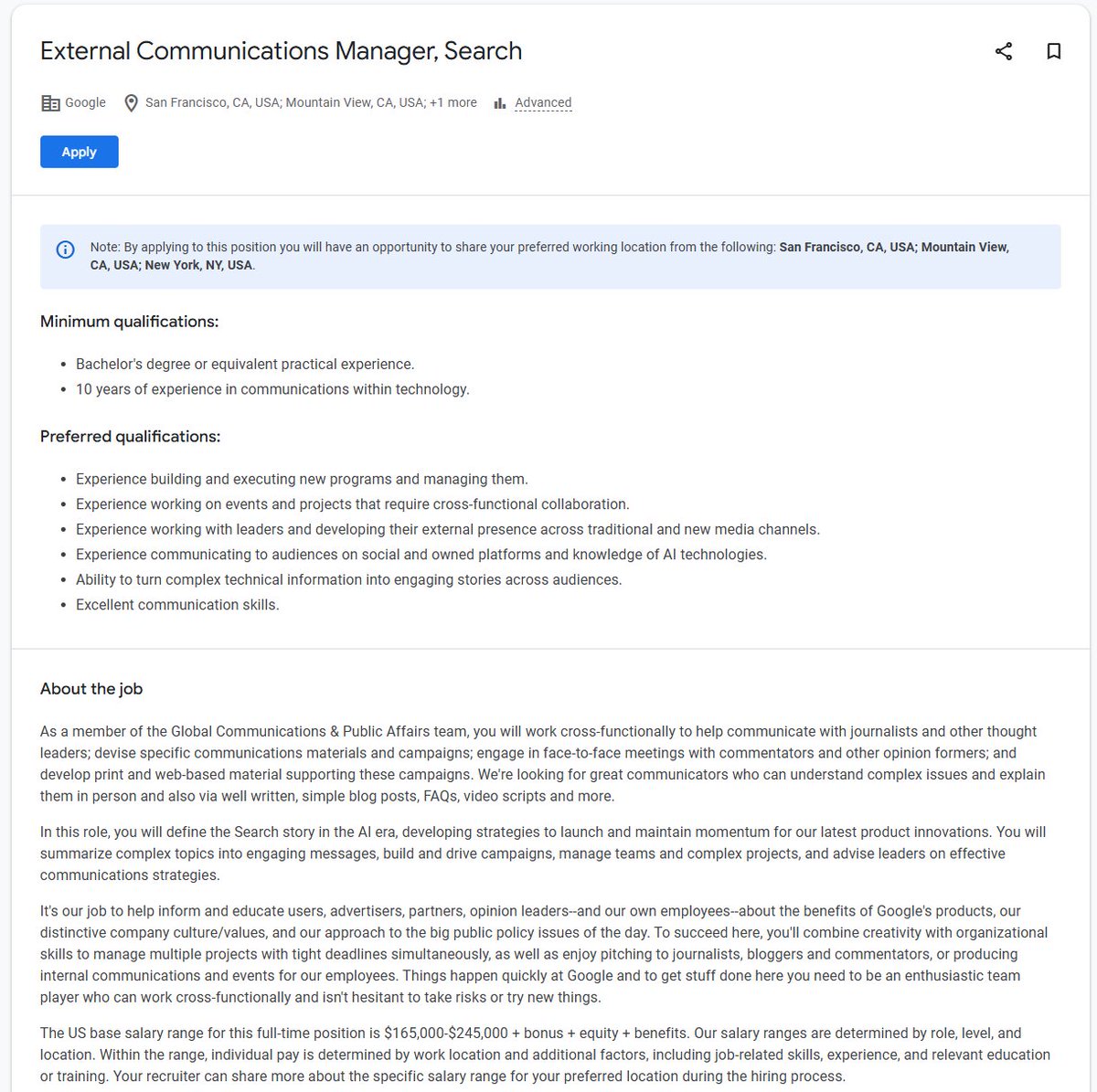 Since Google killed Search Liaison at the beginning of the month, it's been radio silent from Danny Sullivan and Google comms team...

Turns out, they're looking for someone else to take the flak! So here's your oppurtunity folks! You could earn over $240,000 per year PLUS bonus