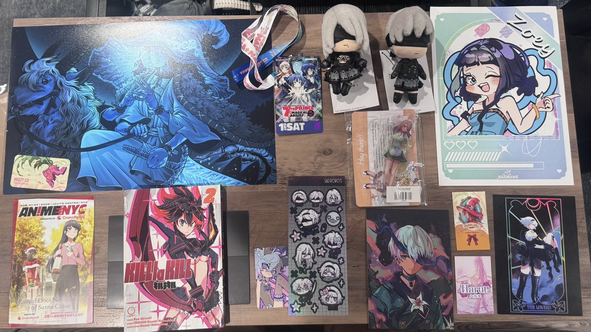 #AnimeNYC Haul!!!

shoutout to all the artists

<a href="/_naidraws/">Nai l SACANIME AA0061</a> for the Zoe print 
<a href="/MiguelCoStudio/">Migzy - ✨ COMMISSIONS OPEN ✨</a> for the Ranni print
<a href="/haruempathy/">Harue ⛩️ 🌸 ANYC</a> for the 2B &amp; 9S print 
<a href="/say0ranarts/">jade✨</a> for the 9S solo print
<a href="/acidicchocoo/">+Tele+</a> for the NieR Stickers 
And of course, <a href="/Kamaniki/">🅶🅸🅶🅸 @ hibernation</a> for the maid Eunie acrylic stand