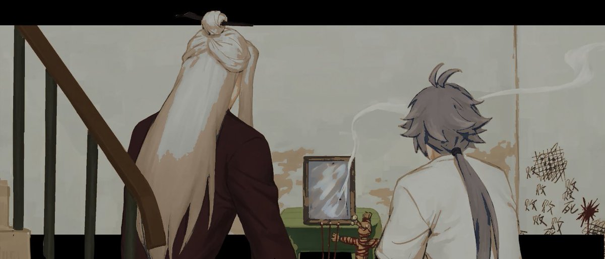 ⠀
กลิ่นควันธูปลอยคลุ้งไปทั่วชั้นบรรยากาศ รูปของใครบางคนที่ใส่กรอบแบบไม่ได้ปราณีตอะไรตั้งอยู่บนเก้าอี้ตัวเล็กๆ ข้างกระถางธูปที่มีธูปเพียงสองดอกและหุ่นฟางพันด้วยด้ายสีแดง

หมิงซื่อหยินและเด็กหนุ่มข้างกายลดมือที่ประนมอยู่ เนตรสีไพลินขยับมองเด็กหนุ่มเงียบๆ และยกมือขึ้นมาแตะบนบ่า
⠀