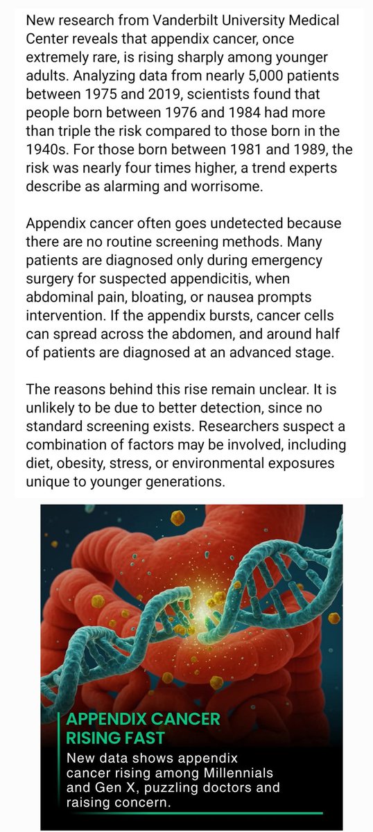 DebSreeSarkar's tweet image. New research from Vanderbilt University Medical Center reveals that appendix cancer, once extremely rare, is rising sharply among younger adults.
#AppendixCancer #CancerAwareness #YoungAdultHealth #MedicalResearch