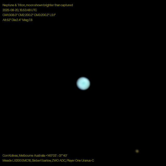 Neptune and its moon Triton, captured on 2025-08-20