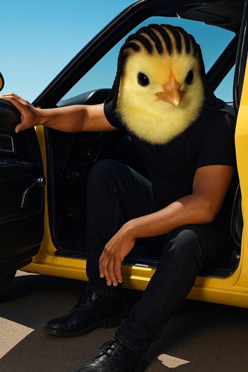 三つ編みの鶏が黄色い車に座っているミーム画像（pimps in the cribを表現）