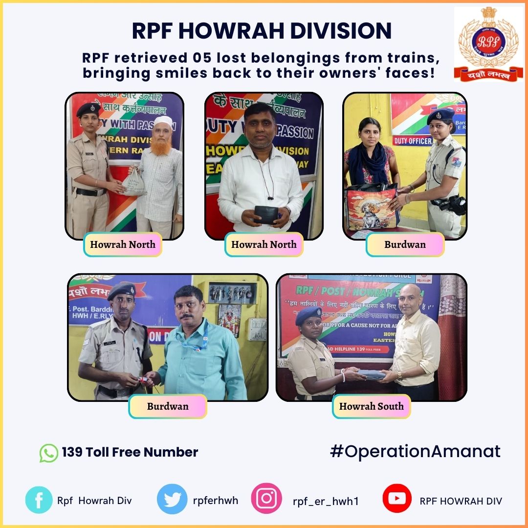 RPF HOWRAH DIV (@rpferhwh) on Twitter photo #OperationAmanat
RPF retrieved 05 lost belongings from trains, bringing smiles back to their owners faces! <a href="/RPF_INDIA/">RPF INDIA</a> <a href="/ErRpf/">RPF Eastern Railway</a> <a href="/drmhowrah/">DRM Howrah</a> <a href="/rpfpchwn/">rpfpchwn</a> <a href="/rpfpcbwn/">RPF POST BARDDHAMAN</a> <a href="/rpfpchws/">HWS HWH</a> #OperationAmanat
RPF retrieved 05 lost belongings from trains, bringing smiles back to their owners faces! <a href="/RPF_INDIA/">RPF INDIA</a> <a href="/ErRpf/">RPF Eastern Railway</a> <a href="/drmhowrah/">DRM Howrah</a> <a href="/rpfpchwn/">rpfpchwn</a> <a href="/rpfpcbwn/">RPF POST BARDDHAMAN</a> <a href="/rpfpchws/">HWS HWH</a>