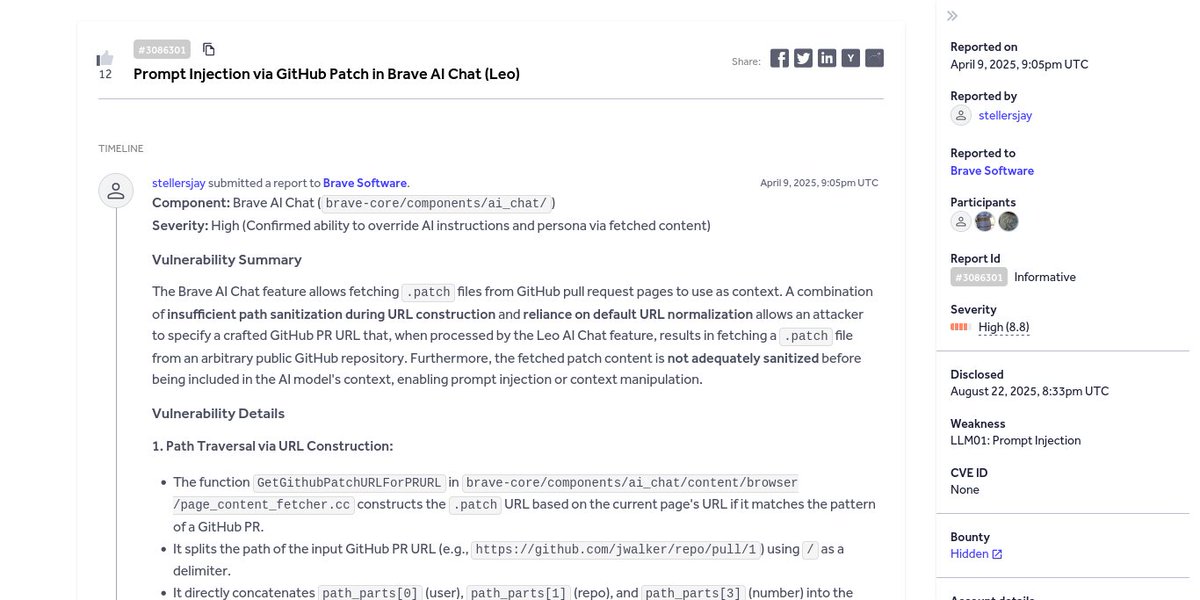 H1 Disclosed - Public Disclosures (@h1disclosed) on Twitter photo ⚡ Prompt Injection via GitHub Patch in Brave AI Chat (Leo)
👨🏻💻 <a href="/call_eax/">Jacolon Walker</a> ➟ Brave Software
🟥 High
💰 None
🔗 hackerone.com/reports/3086301
#bugbounty #bugbountytips #cybersecurity #infosec ⚡ Prompt Injection via GitHub Patch in Brave AI Chat (Leo)
👨🏻💻 <a href="/call_eax/">Jacolon Walker</a> ➟ Brave Software
🟥 High
💰 None
🔗 hackerone.com/reports/3086301
#bugbounty #bugbountytips #cybersecurity #infosec