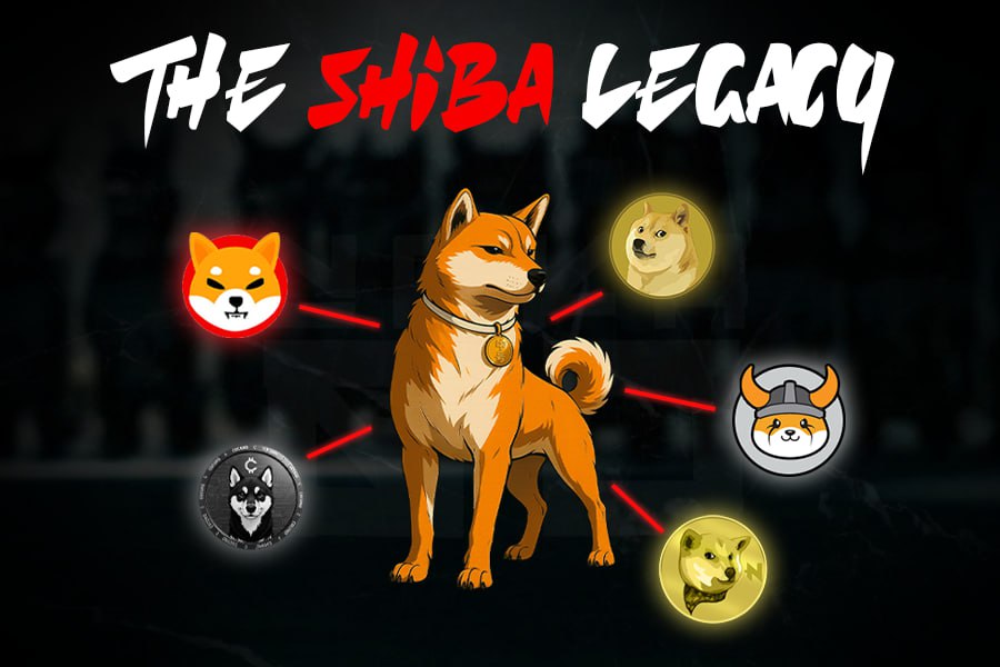 中央の柴犬がDOGEやSHIBなどの他のミームコインと繋がっている「The Shiba Legacy」のイラスト